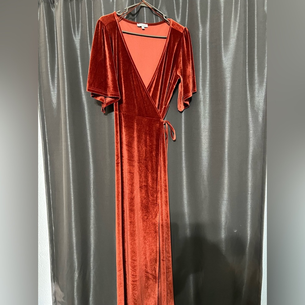 Baltic Born Meghan Velvet Wrap Dress in Terracotta. 1 size Large & 1 size XL